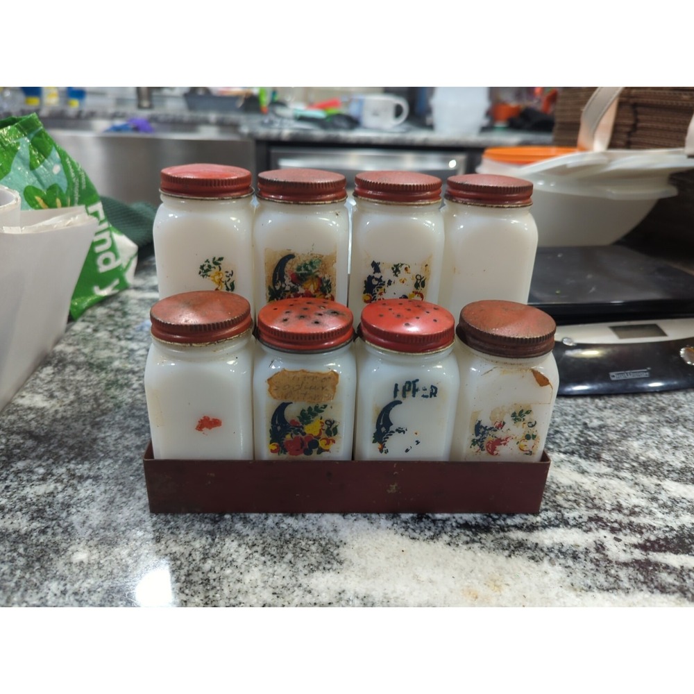Vintage McKee Cornucopia Milk Glass Jar Spice Set With Rack